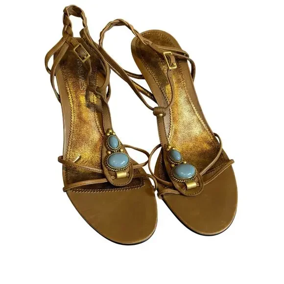 Nine West Strappy Tan Turquoise Color Stones Heel Size 6.5 - Picture 2 of 7
